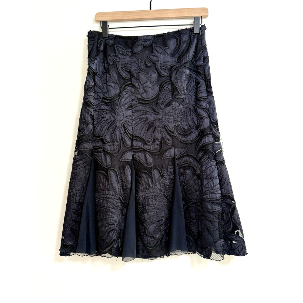 Lafayette 148 New York Women's 8 Navy Blue Silk Floral Lace Chiffon Panel Skirt